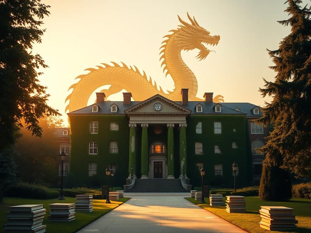Flick International A grand, ivy-covered university building symbolizing elite American education with a shadowy figure of a dragon representing foreign influence in the background.
