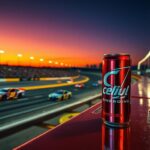 Flick International NASCAR race at Nashville with race cars speeding and Celsius drink in focus