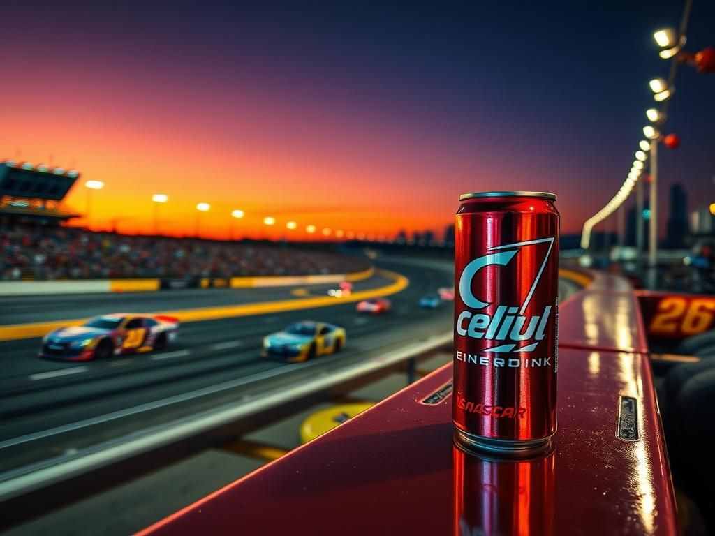 Flick International NASCAR race at Nashville with race cars speeding and Celsius drink in focus
