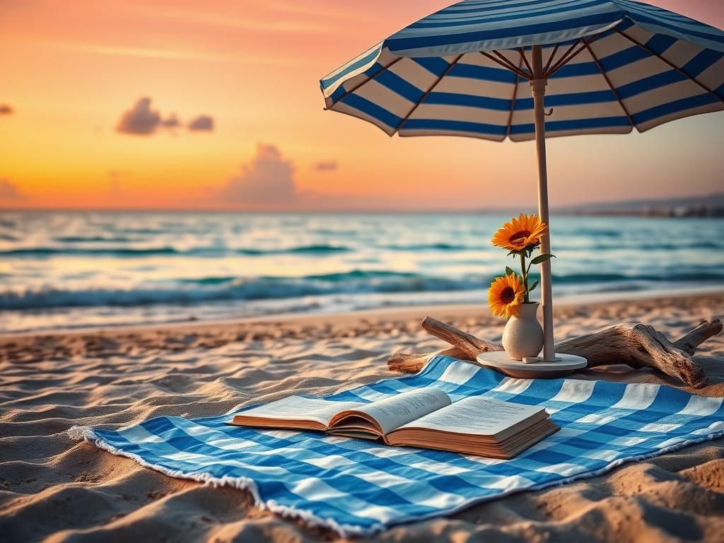 Flick International A serene beach scene at sunset with a blue and white checkered towel and an open book.