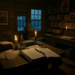 Flick International A dimly lit rustic study filled with Civil War artifacts, including a vintage desk and handwritten notes.