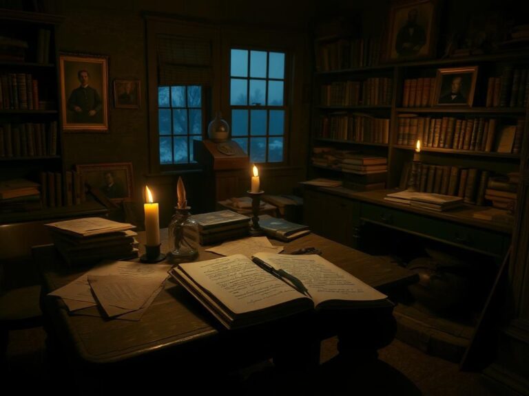 Flick International A dimly lit rustic study filled with Civil War artifacts, including a vintage desk and handwritten notes.