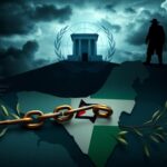 Flick International A dramatic illustration showing a map of the Middle East with Israel and Palestinian territories, featuring national flags, the UN building, and symbolic elements representing U.S.-Israel ties and the threat from Iran.