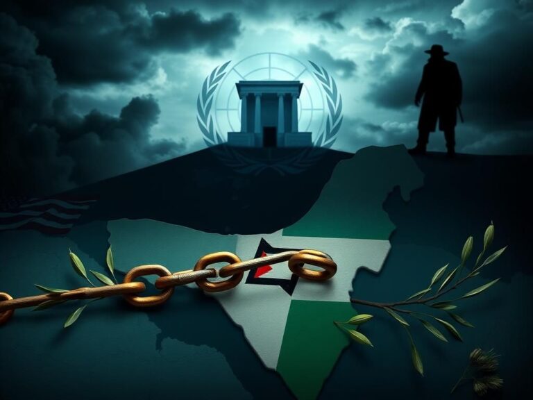 Flick International A dramatic illustration showing a map of the Middle East with Israel and Palestinian territories, featuring national flags, the UN building, and symbolic elements representing U.S.-Israel ties and the threat from Iran.