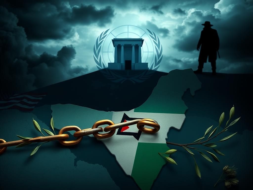 Flick International A dramatic illustration showing a map of the Middle East with Israel and Palestinian territories, featuring national flags, the UN building, and symbolic elements representing U.S.-Israel ties and the threat from Iran.