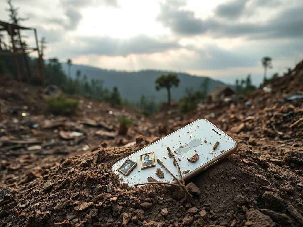 Flick International A weathered iPhone half-buried in debris after a landslide, symbolizing hope and resilience.