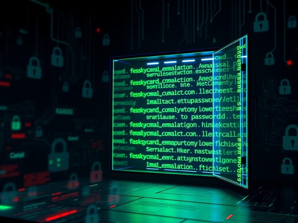 Flick International Digital landscape depicting an open glowing database filled with exposed passwords and login details