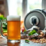 Flick International Close-up of a frothy beer mug surrounded by fresh vegetables and healthy food on a rustic wooden table