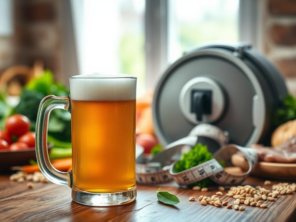 Flick International Close-up of a frothy beer mug surrounded by fresh vegetables and healthy food on a rustic wooden table