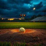 Flick International Dramatic sunset scene on a softball field with a pitcher's mound and glowing ball