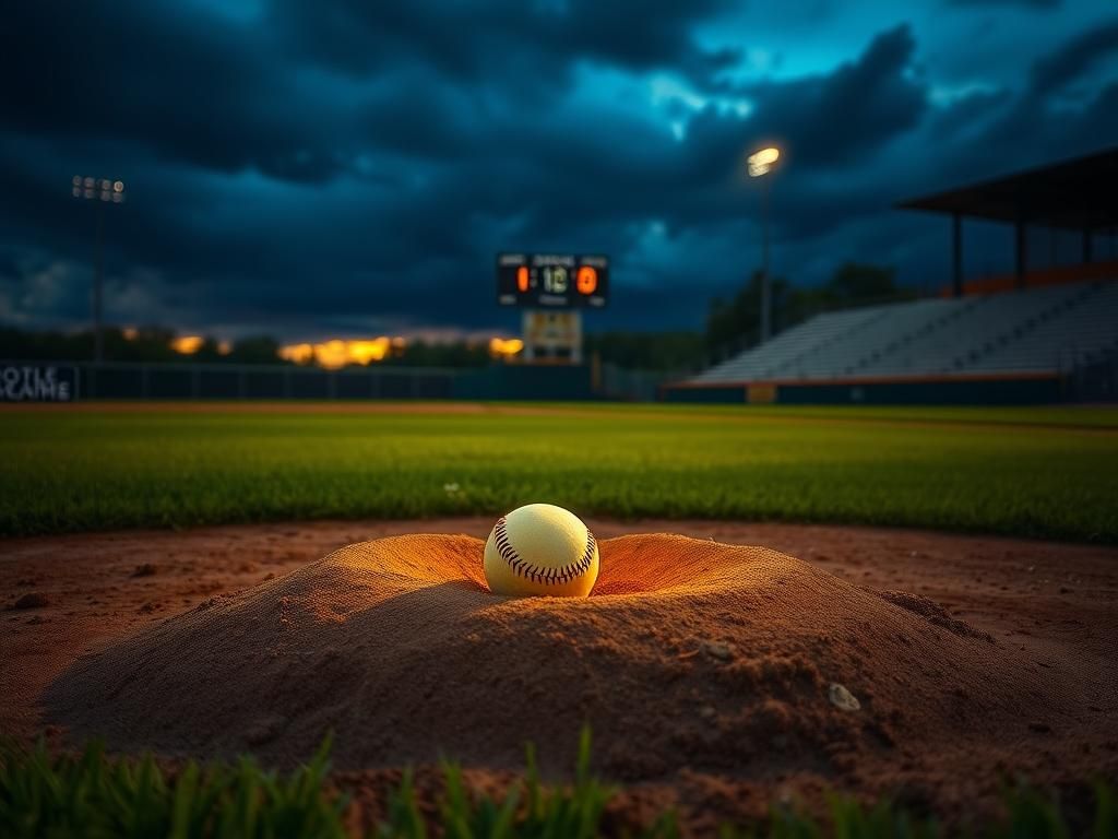 Flick International Dramatic sunset scene on a softball field with a pitcher's mound and glowing ball