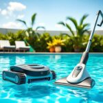 Flick International A serene backyard swimming pool featuring clear turquoise water and a variety of pool vacuum cleaners arranged around it