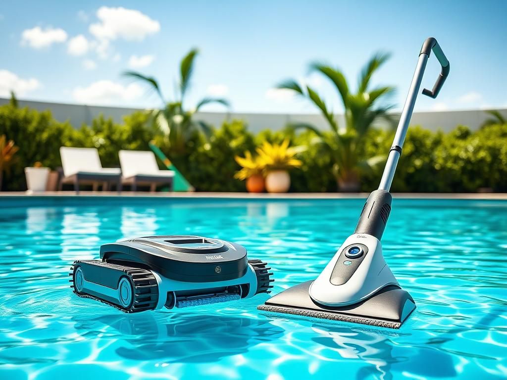 Flick International A serene backyard swimming pool featuring clear turquoise water and a variety of pool vacuum cleaners arranged around it