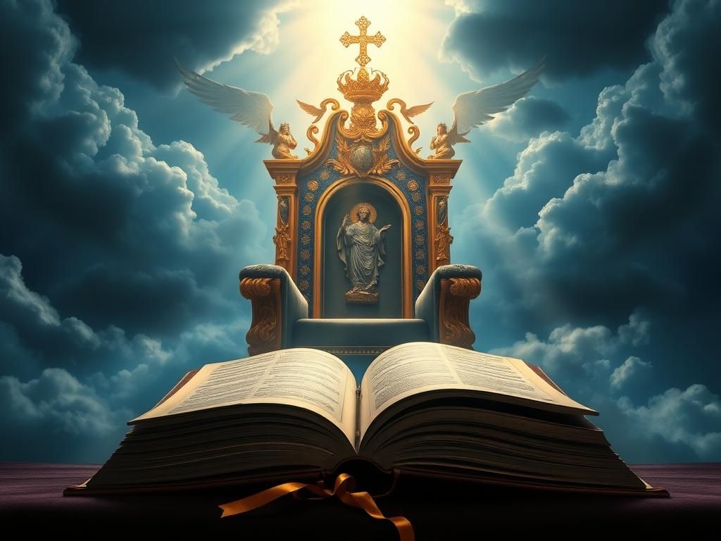 Flick International An ornate throne representing divinity surrounded by light and clouds