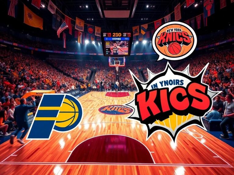 Flick International Packed basketball arena with vibrant colors representing Indiana Pacers and New York Knicks rivalry
