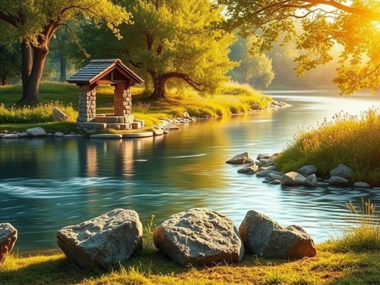Flick International Serene landscape with a tranquil river, ancient stone well, and lush greenery symbolizing biblical wisdom in marriage.