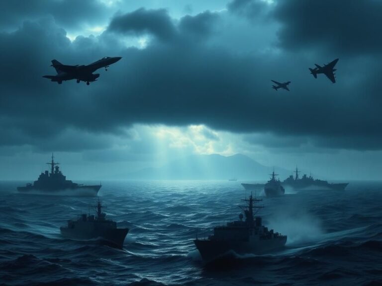 Flick International Dramatic scene of military vessels in the Taiwan Strait during dusk