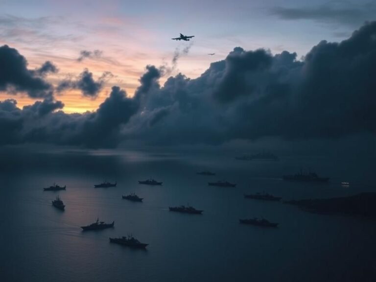 Flick International Aerial view of the Taiwan Strait with Chinese military ships against stormy skies
