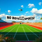 Flick International Airplane flying a 'No Boys in Girls' Sports' banner over a green athletic track