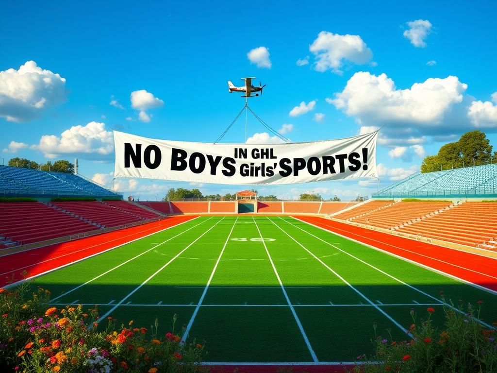 Flick International Airplane flying a 'No Boys in Girls' Sports' banner over a green athletic track