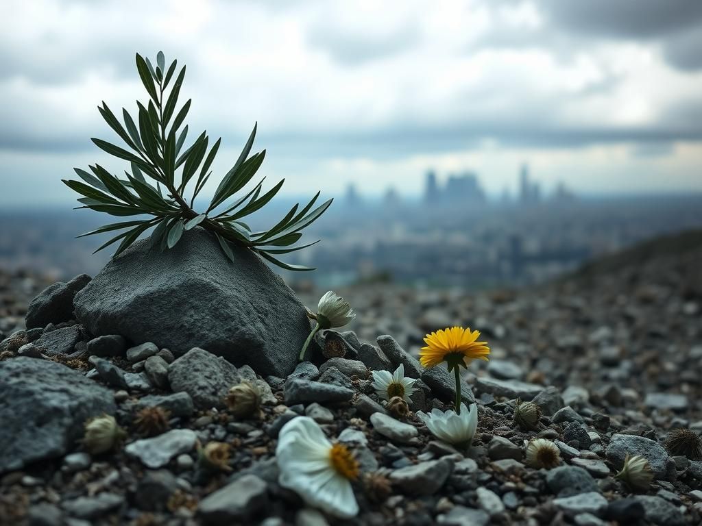 Flick International Olive branch symbolizing hope resting on a rocky landscape