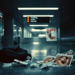Flick International Dimly lit airport baggage claim area with an abandoned backpack and crumpled autograph requests
