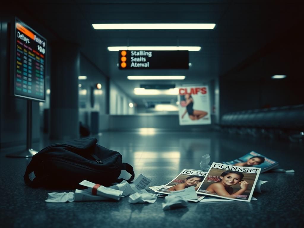 Flick International Dimly lit airport baggage claim area with an abandoned backpack and crumpled autograph requests