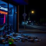 Flick International Shattered glass entrance of The Woods WeHo cannabis dispensary after burglary
