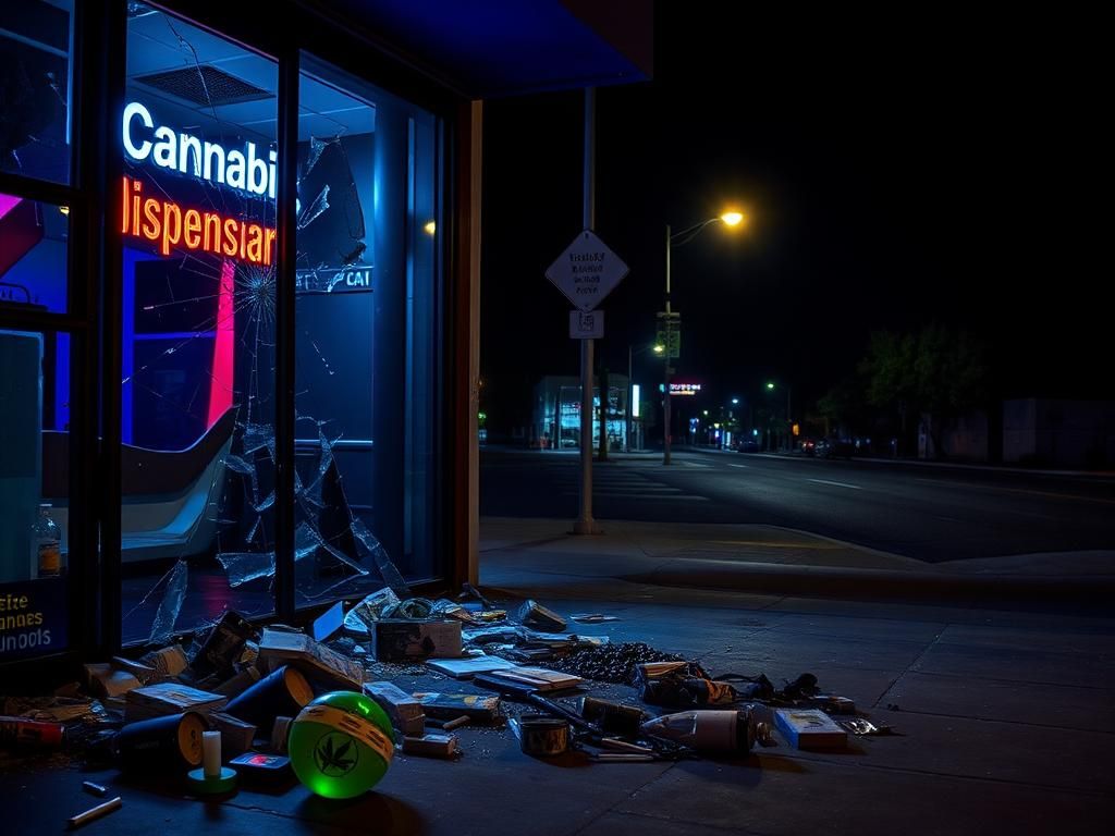 Flick International Shattered glass entrance of The Woods WeHo cannabis dispensary after burglary