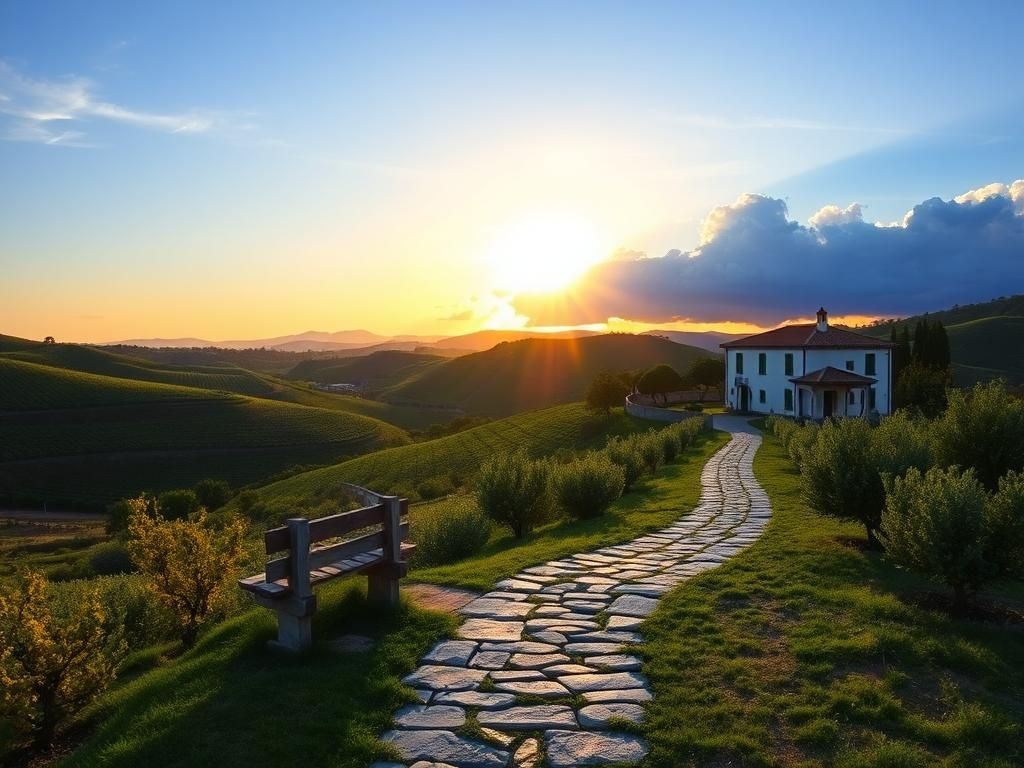 Flick International Serene landscape scene inspired by Portugal with vineyards and olive groves