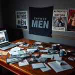 Flick International Dimly lit room with a vintage wooden table covered in political campaign materials focused on male voter outreach