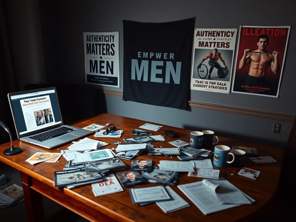 Flick International Dimly lit room with a vintage wooden table covered in political campaign materials focused on male voter outreach