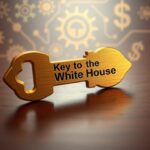 Flick International Close-up of a brass key engraved with 'Key to the White House' on a polished wooden surface