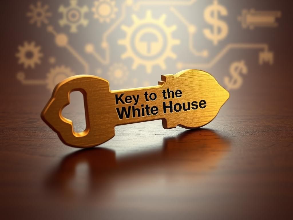 Flick International Close-up of a brass key engraved with 'Key to the White House' on a polished wooden surface