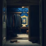 Flick International A dimly lit, ornate closet in the White House with hanging suits and ties, partially obscured by shadows