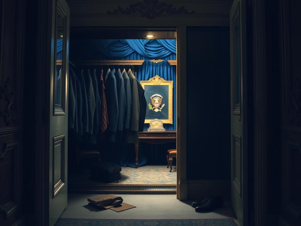 Flick International A dimly lit, ornate closet in the White House with hanging suits and ties, partially obscured by shadows