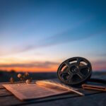 Flick International A serene landscape featuring a glowing sunset with a film reel and flowers symbolizing Valerie Mahaffey's career