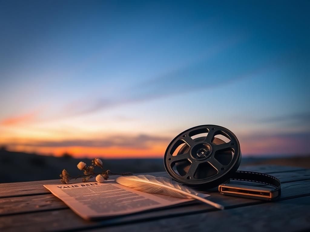 Flick International A serene landscape featuring a glowing sunset with a film reel and flowers symbolizing Valerie Mahaffey's career