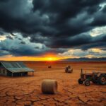 Flick International Dramatic landscape of South African farmlands under dark storm clouds