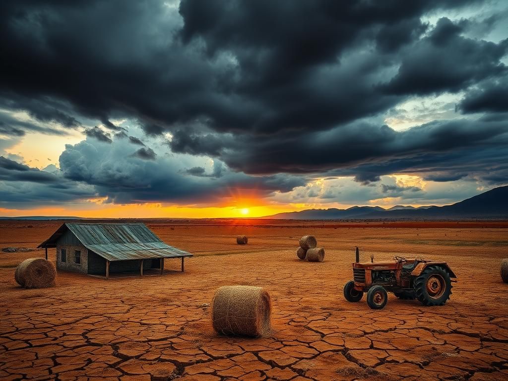 Flick International Dramatic landscape of South African farmlands under dark storm clouds