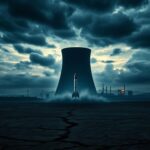 Flick International Ominous silhouette of a nuclear facility against a stormy sky