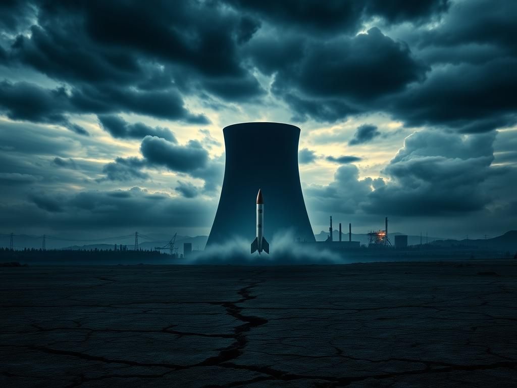 Flick International Ominous silhouette of a nuclear facility against a stormy sky