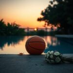 Flick International A serene poolside scene at sunset with a basketball and floral arrangement symbolizing remembrance.