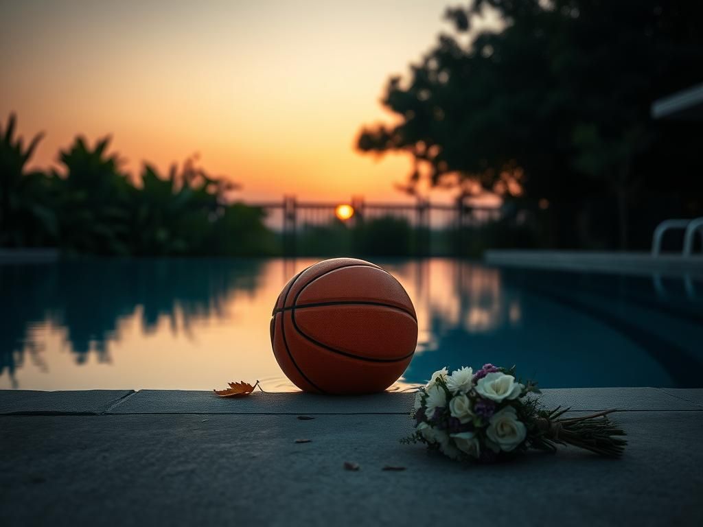 Flick International A serene poolside scene at sunset with a basketball and floral arrangement symbolizing remembrance.