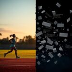 Flick International Split scene depicting transgender athlete in motion alongside abstract representation of political debate