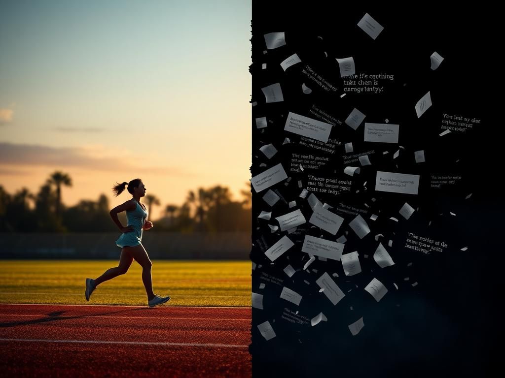 Flick International Split scene depicting transgender athlete in motion alongside abstract representation of political debate