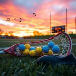 Flick International A dynamic lacrosse field at sunset with a well-worn lacrosse stick and colorful balls