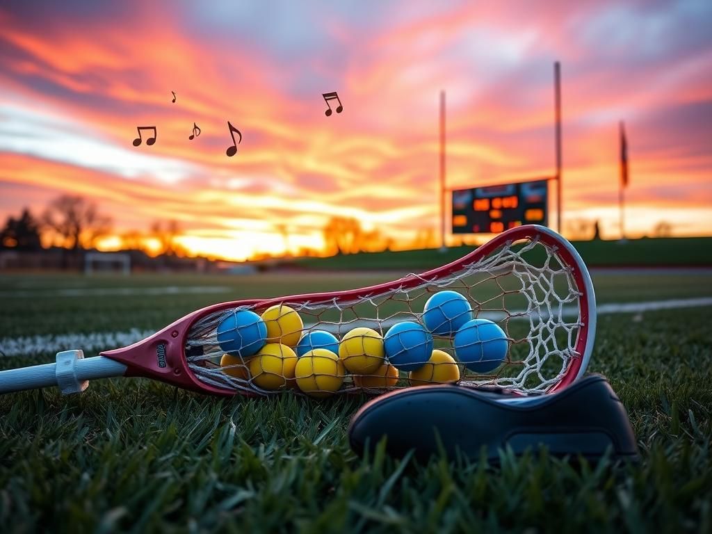 Flick International A dynamic lacrosse field at sunset with a well-worn lacrosse stick and colorful balls