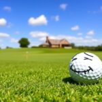 Flick International Golf ball with a comical expression lying on lush green grass at Muirfield Village