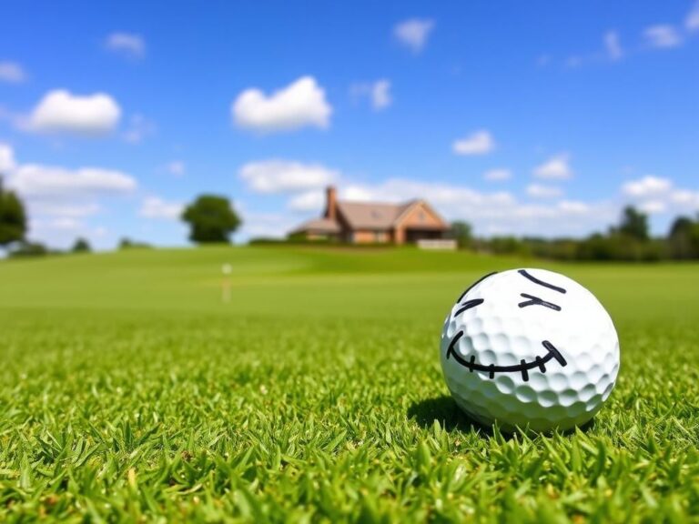 Flick International Golf ball with a comical expression lying on lush green grass at Muirfield Village